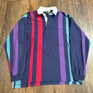 Vintage 90s Fluid Colorful Rugby Striped Preppy Polo Long Sleeve Shirt Sz.M